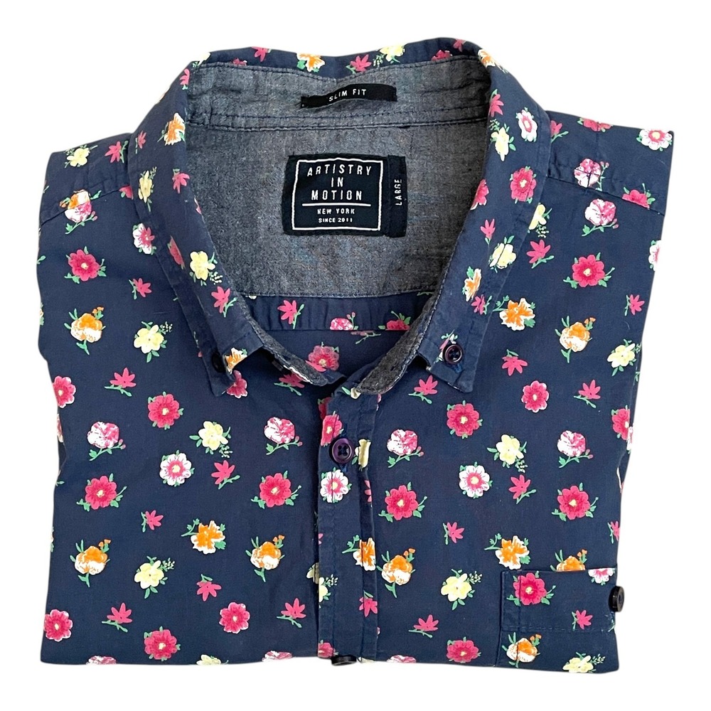 Artistry in Motion Men's LARGE L/S Button Up Navy Floral Shirt CLEAN!